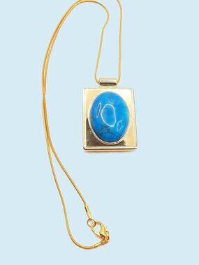 Simulated Oval Turquoise & Gold Tone Square Pendant Necklace